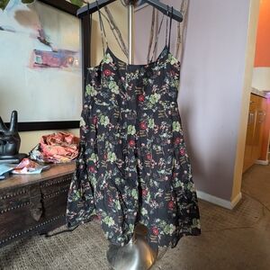 Floral Black Dress with Red and Green Accents